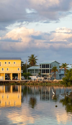 Florida Keys waterfront homes at sunset reflected in calm water