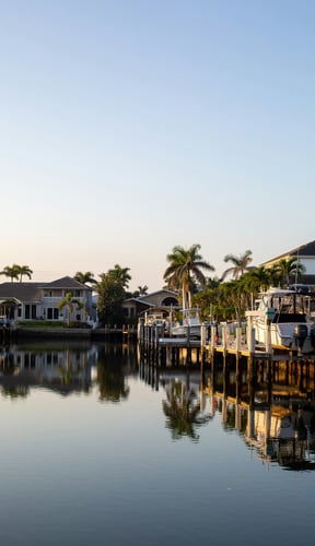 Florida canal waterfront homes with private docks, boats, and palm trees reflected in still water at golden hour