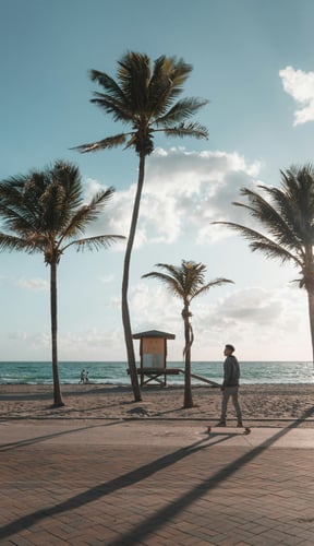 Fort Lauderdale beach boardwalk with palm trees and lifeguard stand at golden hour